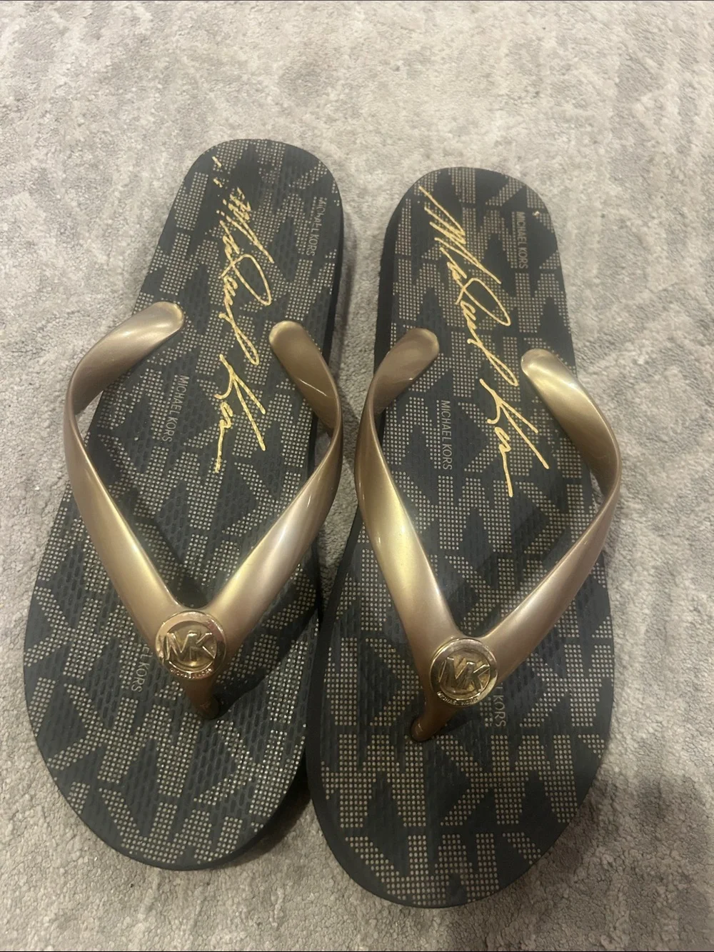 Michael Kors Black Footbed Flip Flops with Metallic Gold Straps